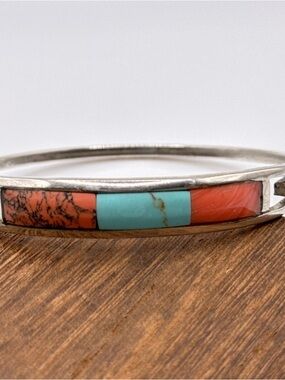 Vintage Alpaca Mexico Bracelet Silver Inlay Turquoise Coral Bangle 12.1gr Sz 6.5
